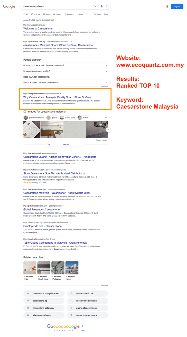 Caesarstone Malaysia - Google Search First Page