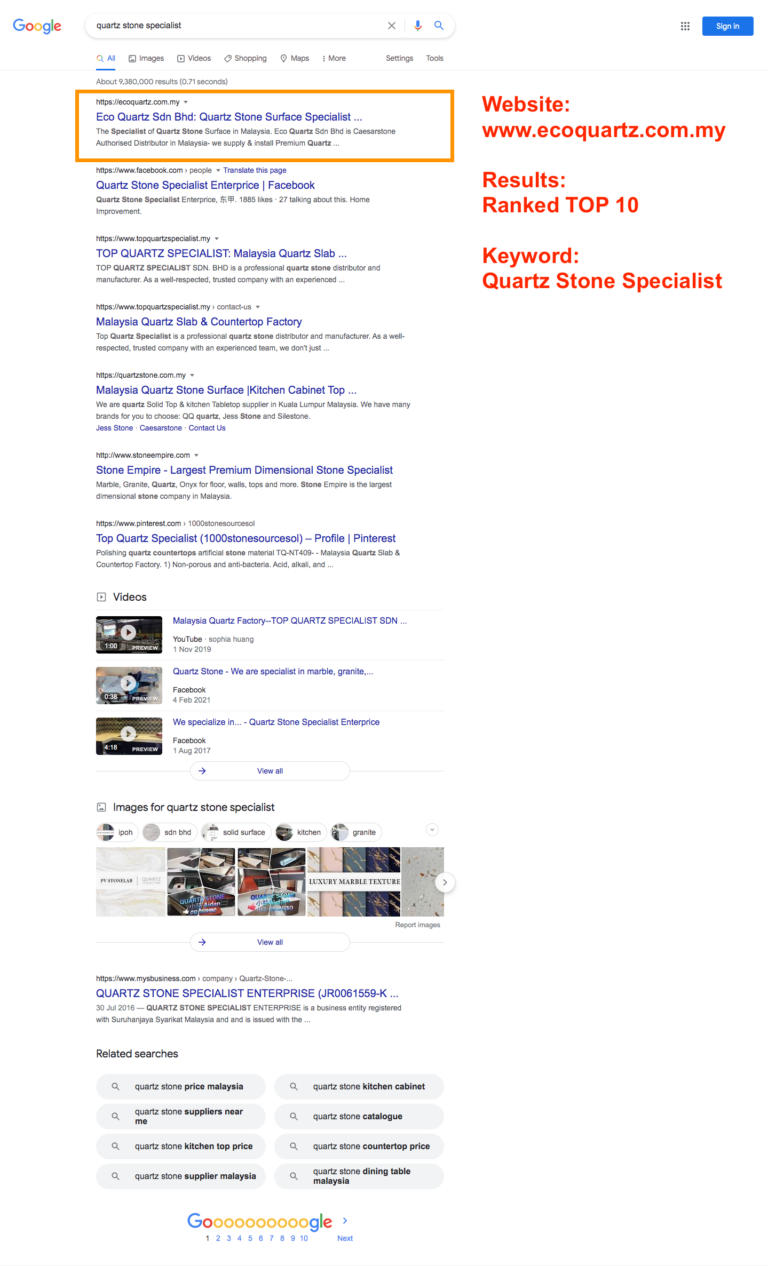 Quartz Stone Specialist - Google Search First Page